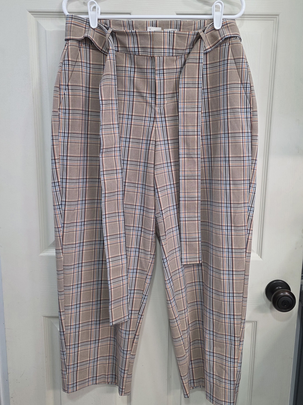 a new day Tan Plaid Paperbag Waist Womens Pants with Tie